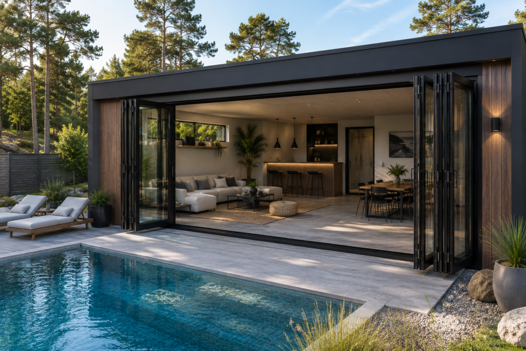 Inspiration med vikdörrar till poolhus